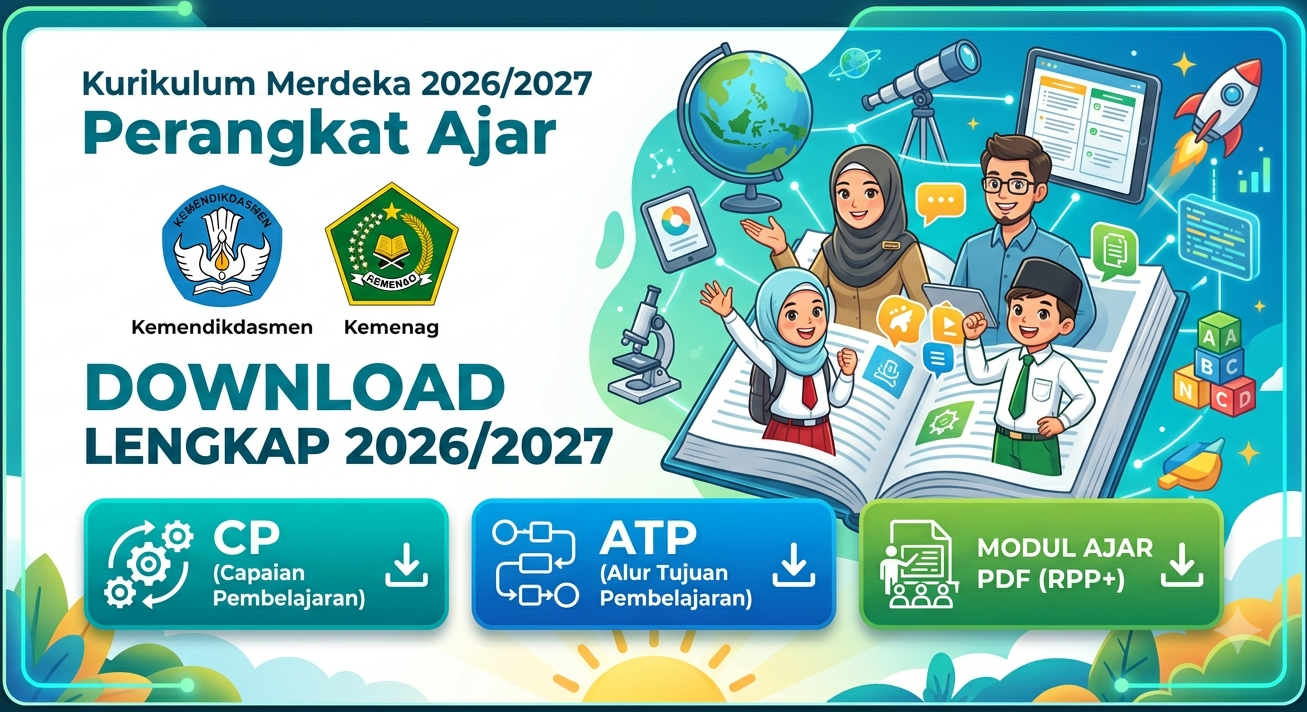 Ilustrasi banner artikel download lengkap perangkat ajar Kurikulum Merdeka 2026/2027 resmi Kemendikdasmen & Kemenag dengan tombol unduh untuk CP, ATP, dan Modul Ajar PDF untuk SD/MI hingga SMA/MA, bergaya majalah online cerah dan modern