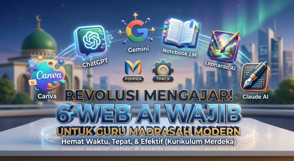 Infografis 3D berisi 6 aplikasi web AI untuk guru madrasah modern seperti Canva, ChatGPT, Gemini, Notebook LM, Leonardo AI, dan Claude AI untuk menyusun modul ajar Kurikulum Merdeka secara efektif dan hemat waktu