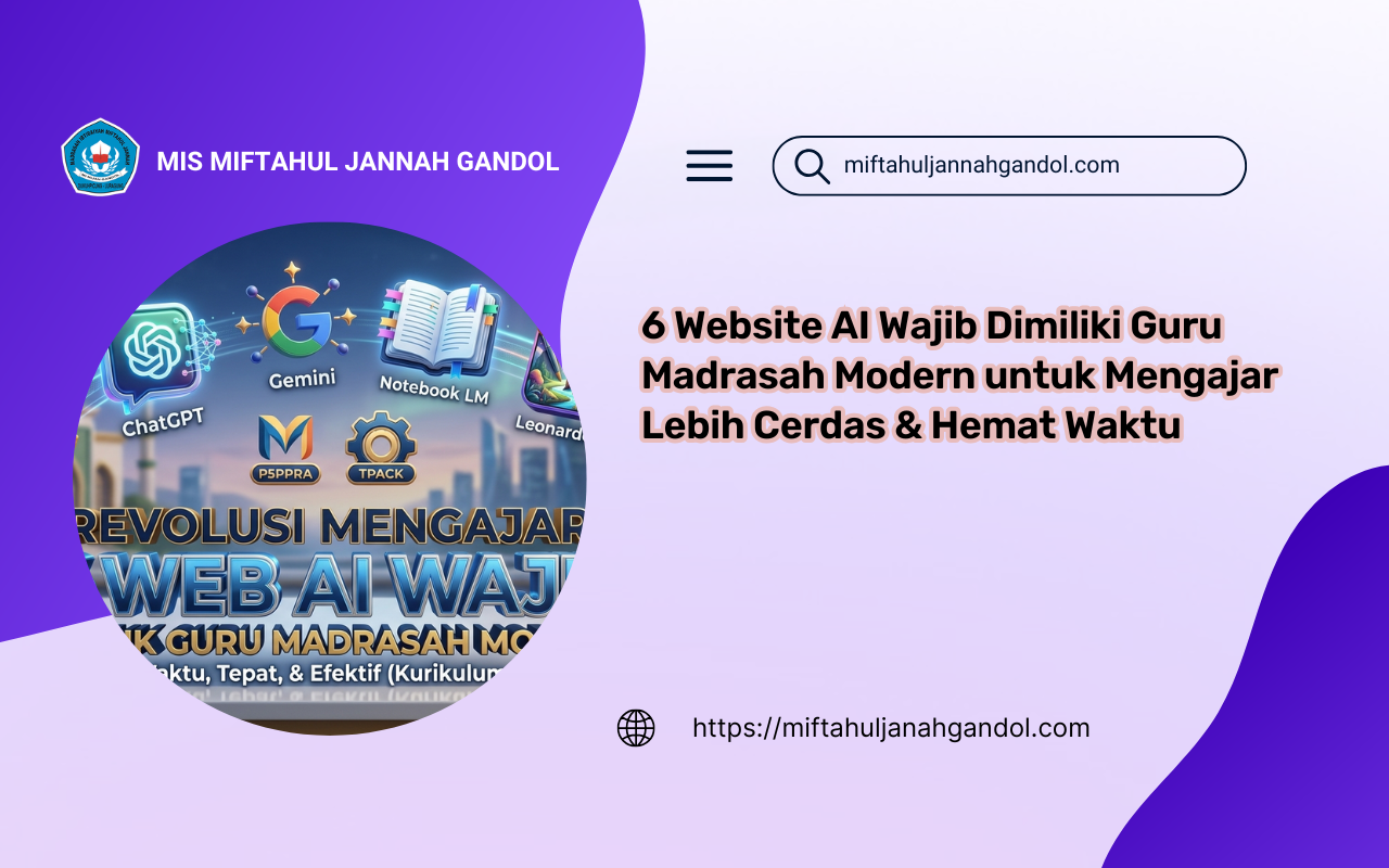Infografis 3D berisi 6 aplikasi web AI untuk guru madrasah modern seperti Canva, ChatGPT, Gemini, Notebook LM, Leonardo AI, dan Claude AI untuk menyusun modul ajar Kurikulum Merdeka secara efektif dan hemat waktu