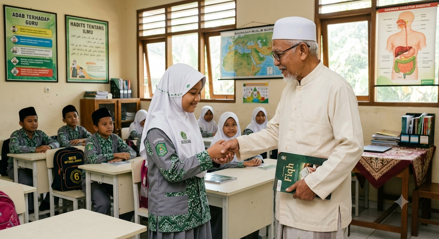 Adab Murid Terhadap Guru di Sekolah Siswa kelas 6 Madrasah Ibtidaiyah bersikap sopan menunjukkan adab murid terhadap guru saat menerima buku pelajaran fiqih di dalam kelas.