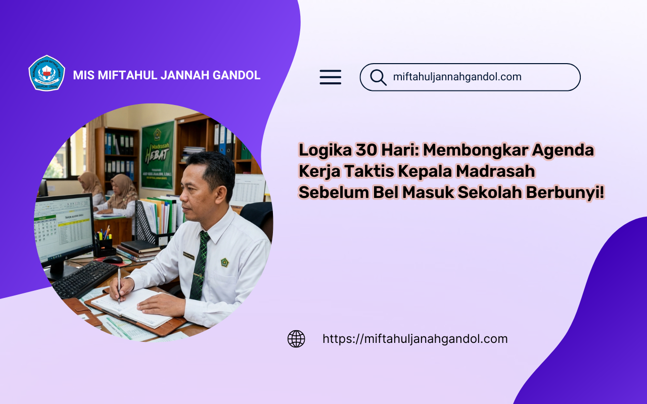Ilustrasi kepemimpinan Kepala Madrasah (Kamad) yang fokus merencanakan program kerja, supervisi akademik, dan administrasi sekolah yang efisien dan ramah anak.