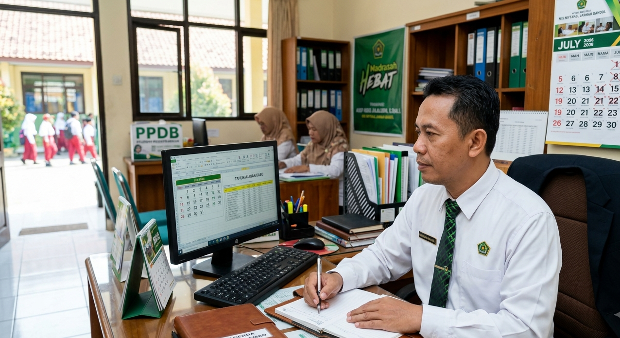 Agenda Kepala Madrasah MIS Miftahul Jannah Gandol sedang menyusun strategi peningkatan mutu dan kurikulum tahun ajaran baru di ruang kerja profesional.