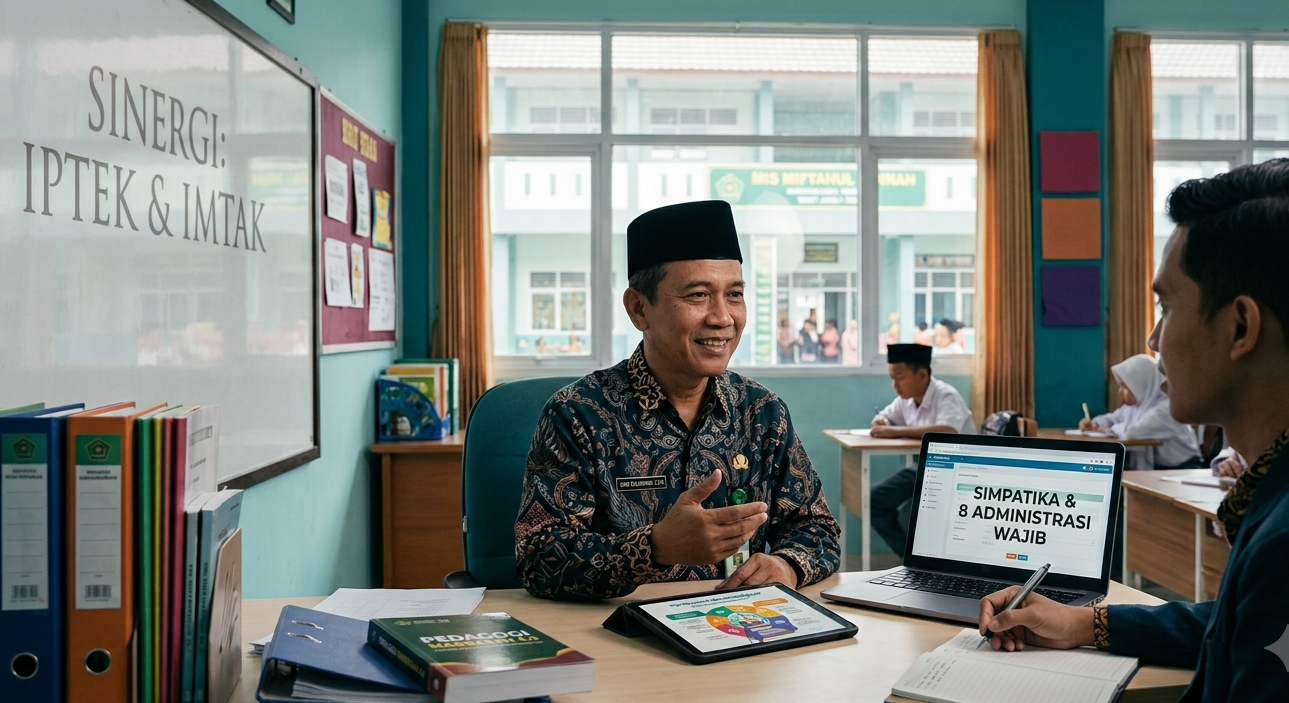 Sinergi guru senior dan kepala sekolah dalam mendiskusikan 8 administrasi wajib guru madrasah dan sistem Simpatika berbasis digital.