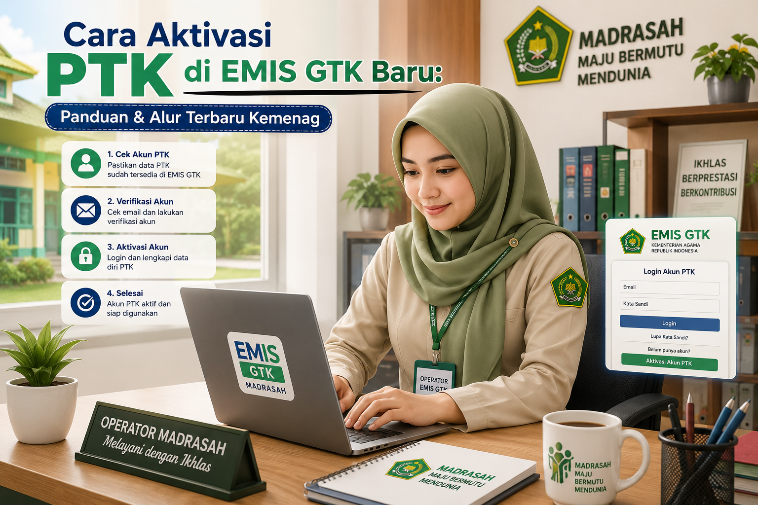Operator Madrasah di MIS Miftahul Jannah Gandol sedang melakukan aktivasi PTK di portal EMIS GTK Baru Kemenag