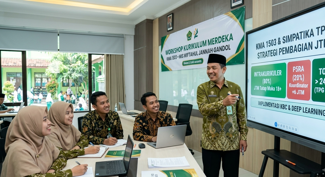 Udin Solehudin S.Pd. menjelaskan strategi alokasi waktu jam mengajar kurikulum merdeka KMA 1503 dan perhitungan jam sertifikasi guru di MIS Miftahul Jannah Gandol menggunakan layar interaktif