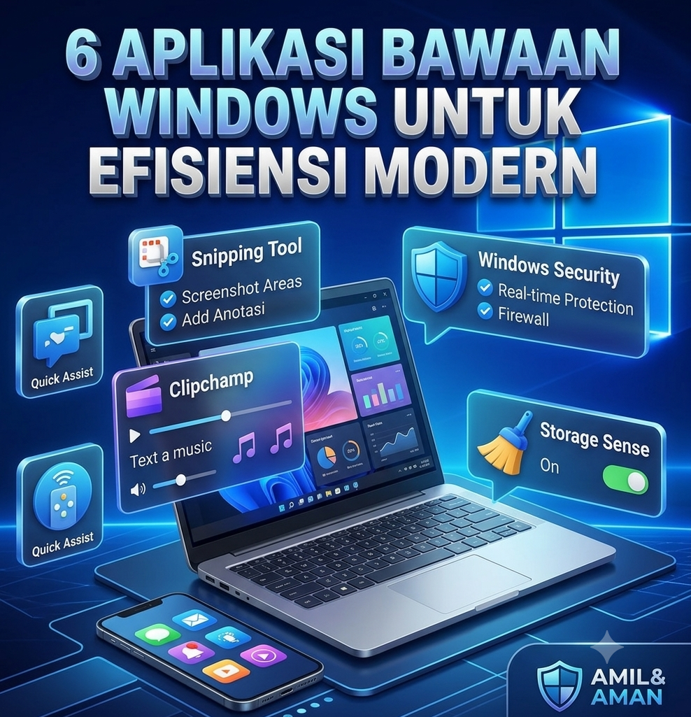 6 Aplikasi bawaan Windows untuk efisiensi kerja modern, solusi teknologi pendidikan, keamanan siber laptop, dan produktivitas IT gratis.