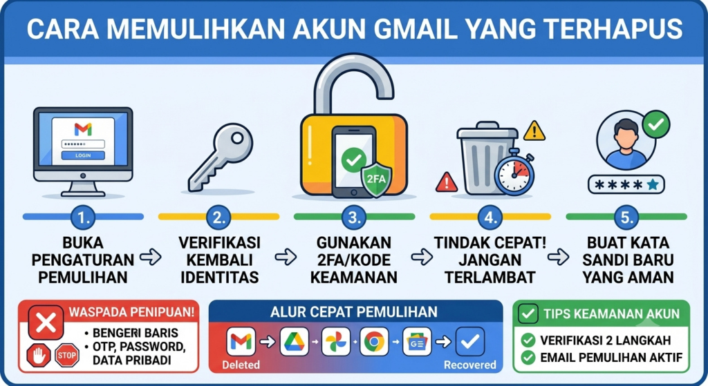Panduan Alur Cepat: 5 Langkah taktis memulihkan akun Google/Gmail yang tidak sengaja terhapus beserta tips menjaga keamanan digital madrasah. Infografis 5 langkah cara memulihkan akun Gmail yang terhapus secara resmi, aman, dan cepat melalui verifikasi identitas Google