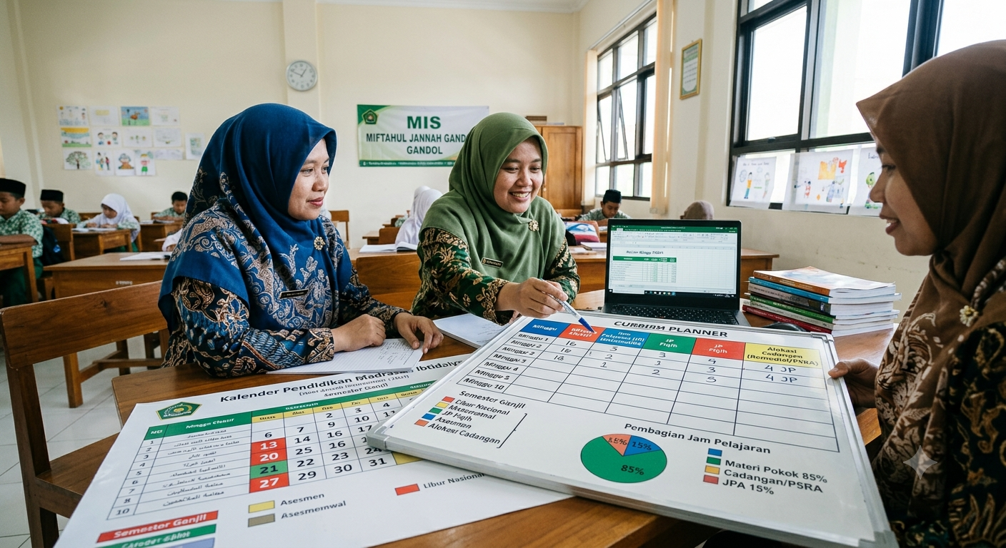 Guru Madrasah MIS Miftahul Jannah Gandol sedang menganalisis cara menghitung rincian minggu efektif kurikulum merdeka pada papan rencana.