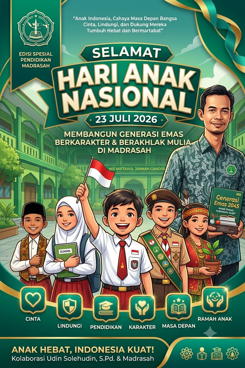 Ilustrasi poster Hari Anak Nasional 23 Juli 2026 bertema Edisi Spesial Pendidikan Madrasah, menampilkan guru dan siswa madrasah yang ceria dengan bendera Merah Putih, buku 'Generasi Emas 2045', dan ikon pilar karakter: Cinta, Lindungi, Pendidikan, Karakter, Masa Depan, Ramah Anak. Mencerminkan slogan 'Anak Hebat, Indonesia Kuat!' kolaborasi Udin Solehudin, S.Pd. di MIS Miftahul Jannah Gandol.