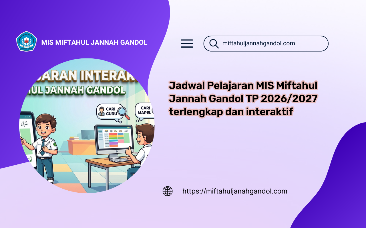 Ilustrasi jadwal pelajaran interaktif MIS Miftahul Jannah Gandol dengan fitur filter cari guru dan mata pelajaran berbasis web modern