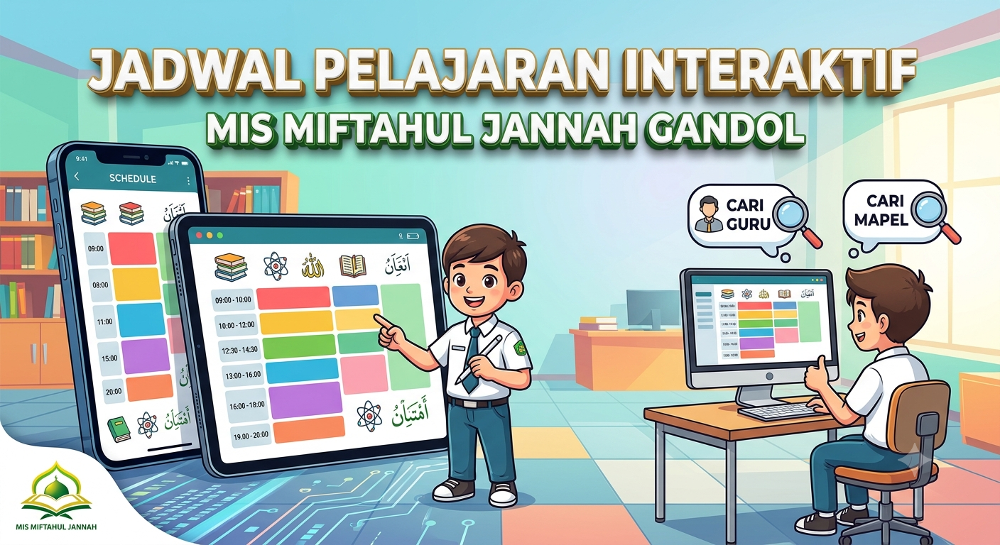 Ilustrasi jadwal pelajaran interaktif MIS Miftahul Jannah Gandol dengan fitur filter cari guru dan mata pelajaran berbasis web modern