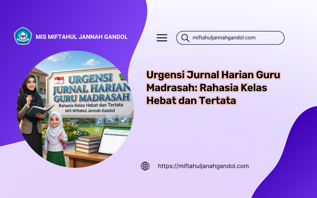 Ilustrasi Jurnal Harian Guru Madrasah Kurikulum Merdeka di MIS Miftahul Jannah Gandol, menampilkan format administrasi kelas dan guru mengajar profesional.