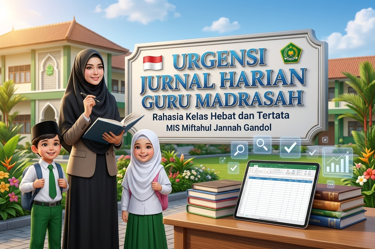 Jurnal Harian Guru Madrasah Kurikulum Merdeka Ilustrasi Jurnal Harian Guru Madrasah Kurikulum Merdeka di MIS Miftahul Jannah Gandol, menampilkan format administrasi kelas dan guru mengajar profesional.