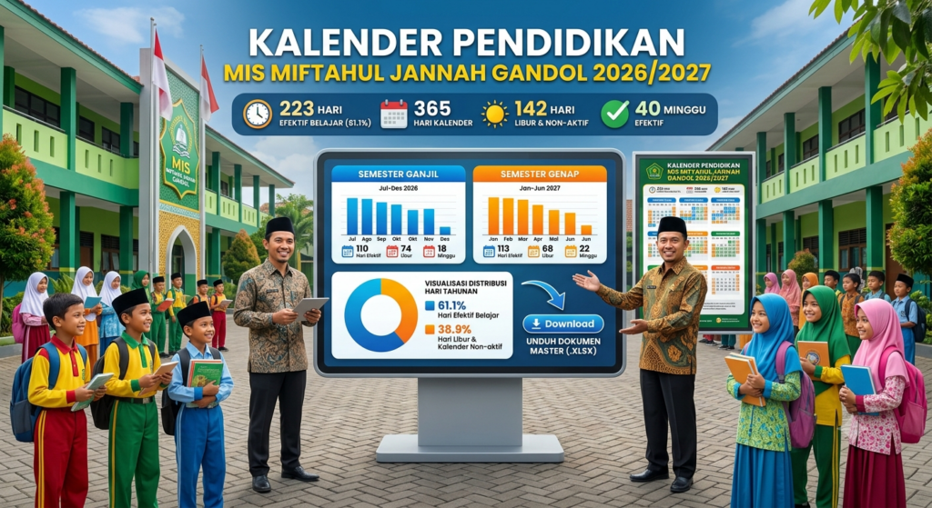 Grafik distribusi hari efektif dan libur semester MIS Miftahul Jannah Gandol TP 2026/2027 Infografis Kalender Pendidikan MIS Miftahul Jannah Gandol Tahun Pelajaran 2026/2027 lengkap dengan data hari efektif belajar dan link download file excel.