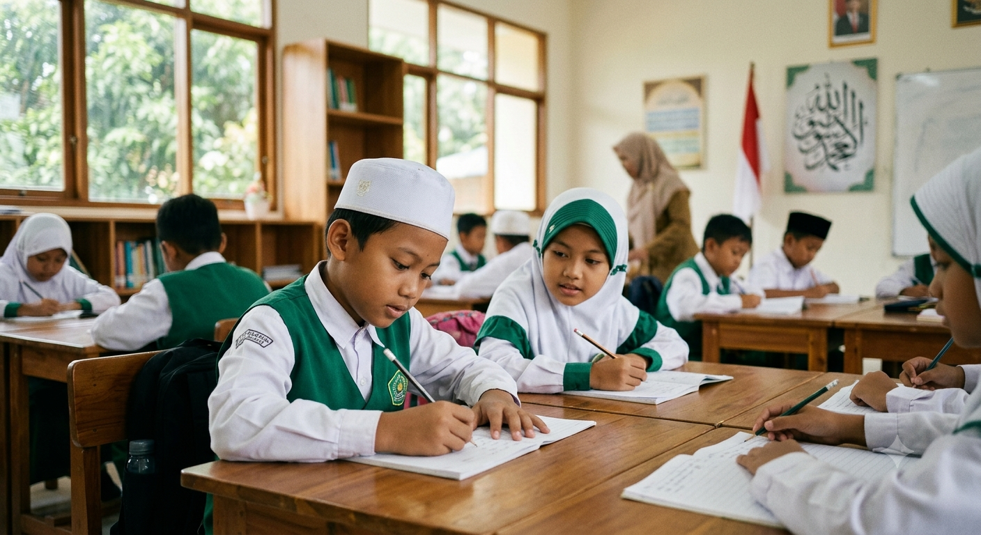Siswa Madrasah Ibtidaiyah sedang mempraktikkan metode mencatat efektif dan belajar konsisten di kelas yang rapi. Gambar ini menunjukkan implementasi pendidikan karakter dan strategi belajar menuju kesuksesan akademis anak.