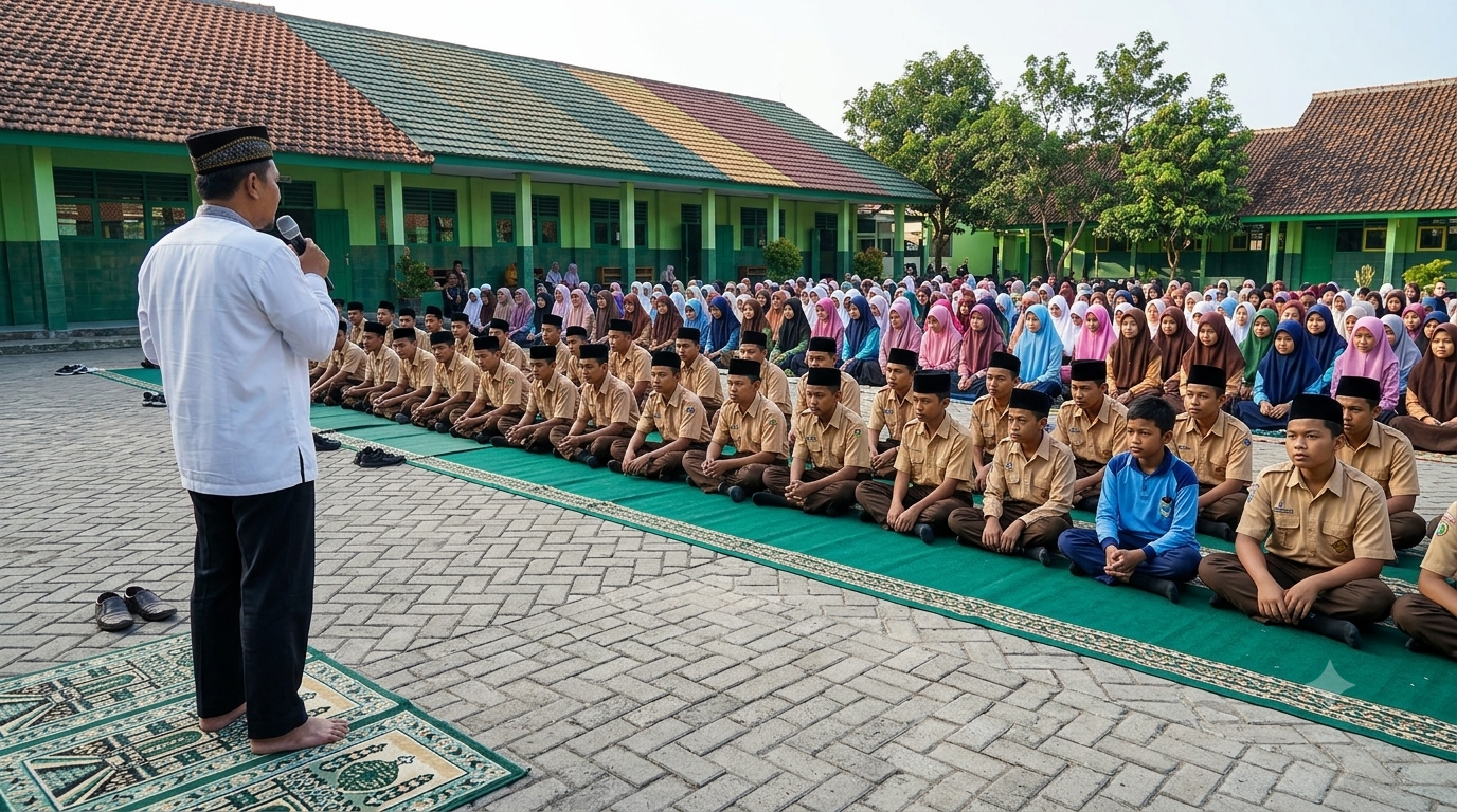 Pembiasaan Shalat Dhuha Berjamaah MIS Miftahul Jannah Gandol Siswa dan siswi MIS Miftahul Jannah Gandol khusyuk melaksanakan sujud Shalat Dhuha berjamaah di lapangan sekolah sebagai pembiasaan pendidikan karakter Islami.