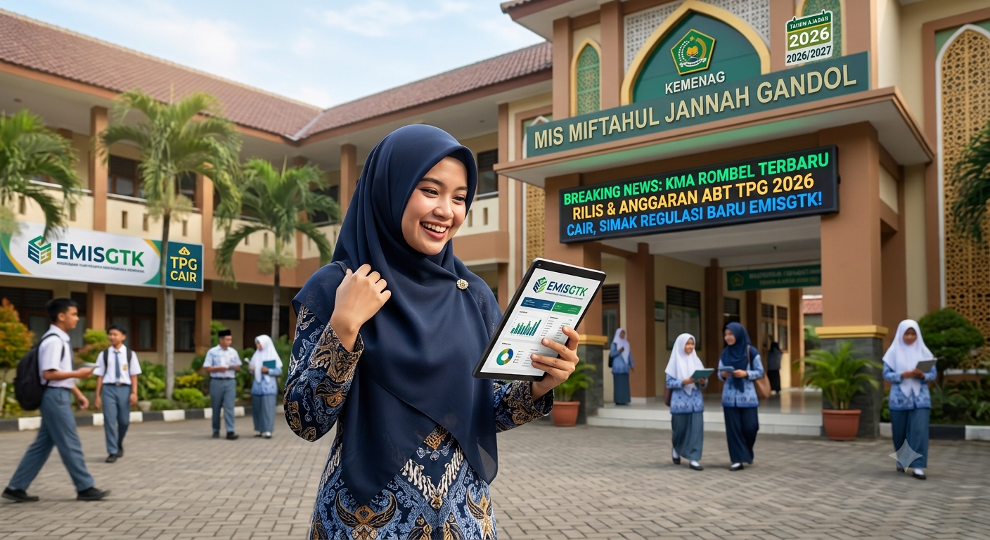 Regulasi terbaru KMA 736 Tahun 2026 Guru madrasah wanita memakai batik sedang tersenyum memegang tablet menampilkan aplikasi EMISGTK di depan gerbang MIS Miftahul Jannah Gandol dengan latar belakang pengumuman KMA 736 Tahun 2026 dan info TPG cair.