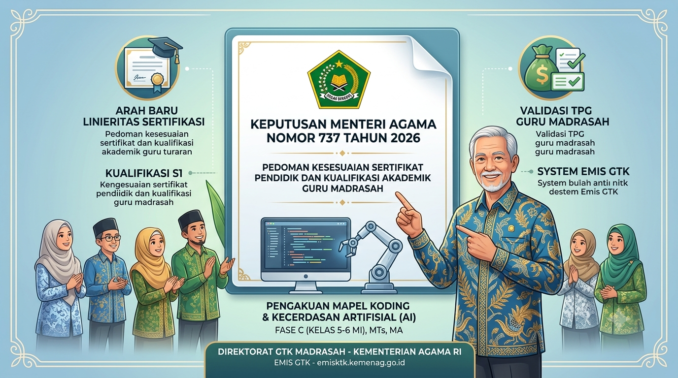 Infografis Resmi KMA Nomor 737 Tahun 2026 tentang Pedoman Linieritas Sertifikat Pendidik, Syarat TPG Guru Madrasah, dan Integrasi Portal EMIS GTK Kemenag.