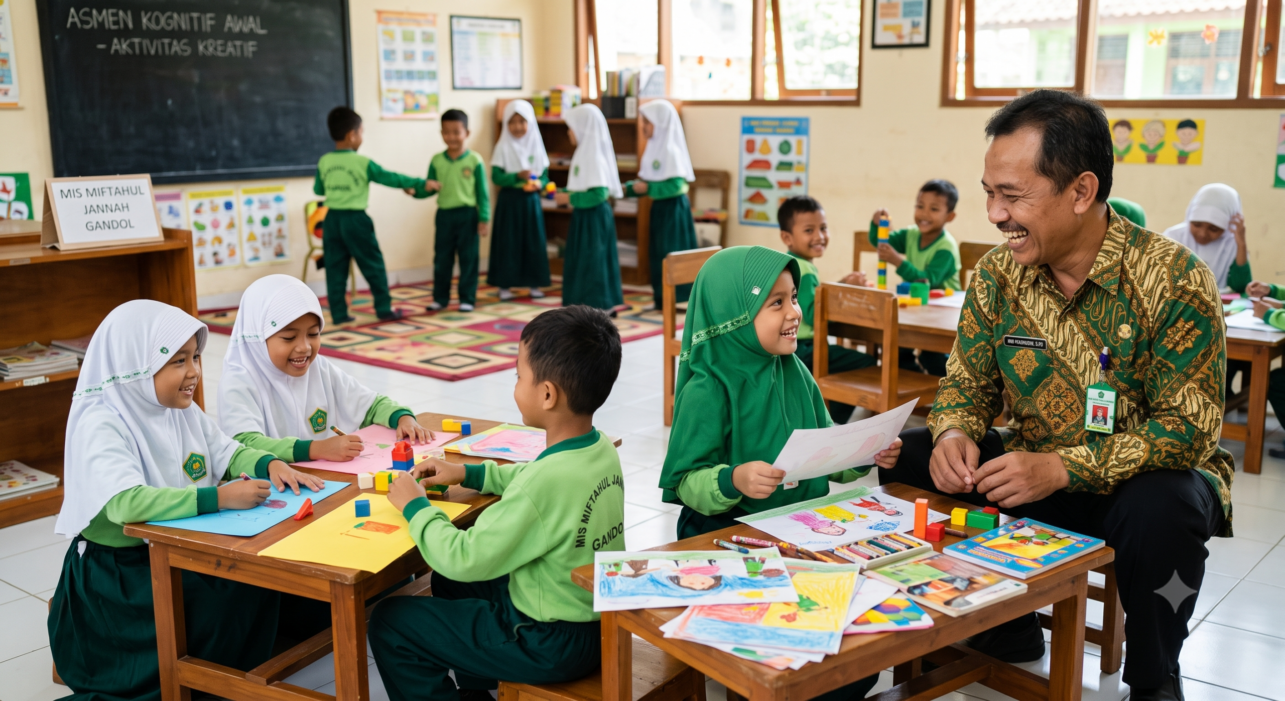 Ilustrasi guru senior membimbing murid baru madrasah ibtidaiyah secara interaktif dan menyenangkan sebagai penerapan asesmen awal non-kognitif Kurikulum Merdeka.