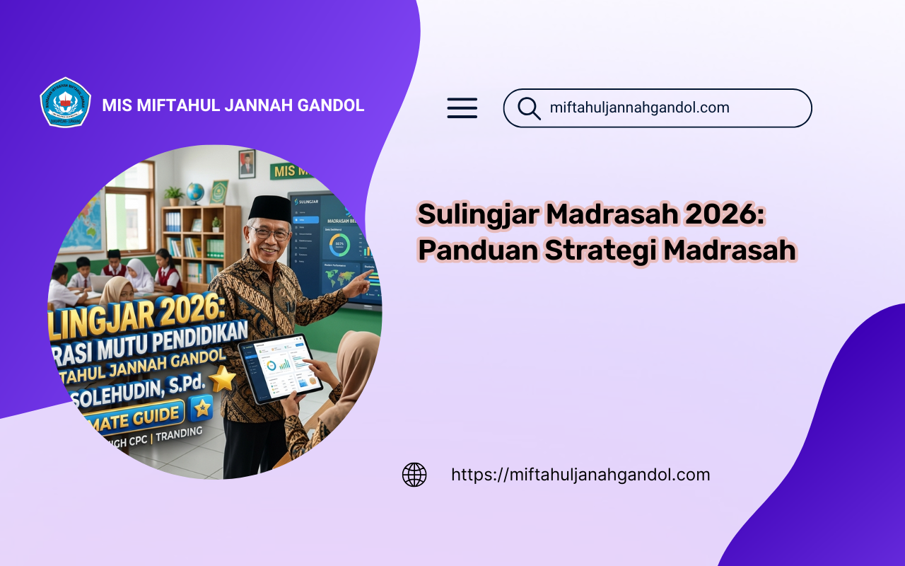 Infografis panduan pengisian Survei Lingkungan Belajar atau Sulingjar Madrasah 2026 yang disusun oleh Udin Solehudin, S.Pd. dari MIS Miftahul Jannah Gandol, menampilkan sinkronisasi data EMIS dan Rapor Pendidikan.