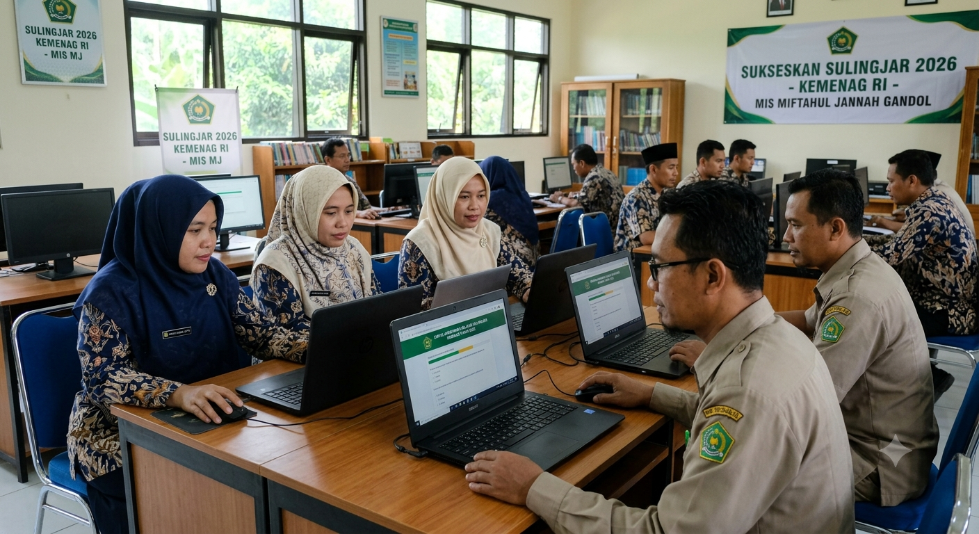 Sulingjar Kemenag 2026 - MIS Miftahul Jannah Gandol Kepala Madrasah dan Guru MIS Miftahul Jannah Gandol sedang mengisi instrumen evaluasi menggunakan laptop di dashboard resmi Sulingjar Kemenag 2026 demi peningkatan Rapor Pendidikan.