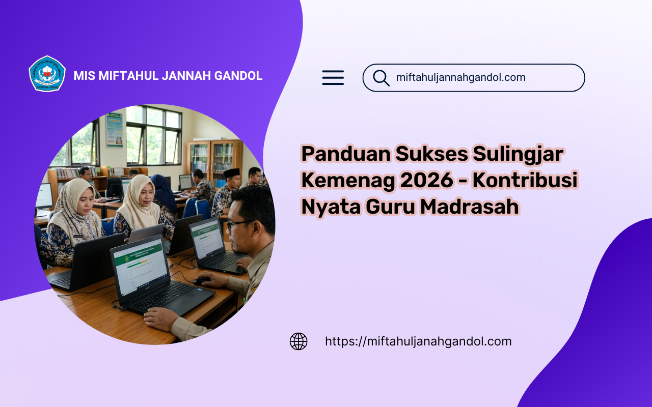 Kepala Madrasah dan Guru MIS Miftahul Jannah Gandol sedang mengisi instrumen evaluasi menggunakan laptop di dashboard resmi Sulingjar Kemenag 2026 demi peningkatan Rapor Pendidikan.