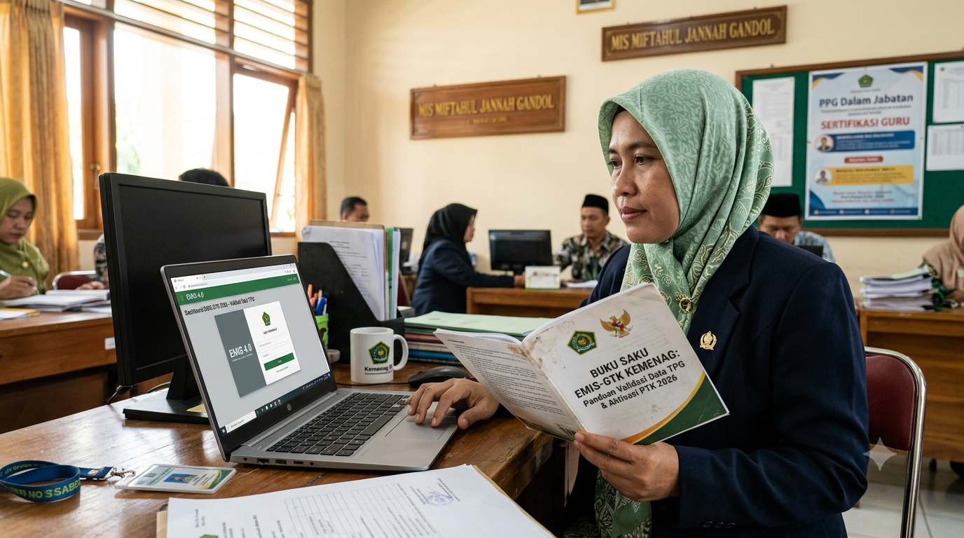 Panduan EMIS GTK Kemenag 2026 Guru madrasah sedang melakukan validasi data TPG dan aktivasi PTK di portal resmi EMIS GTK Kemenag terbaru.