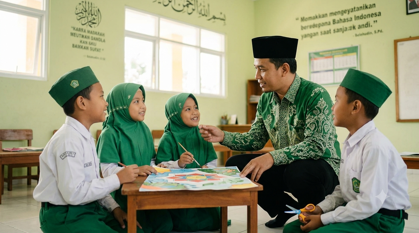 Pembelajaran Inovatif di Madrasah Guru Udin Solehudin dari MIS Miftahul Jannah Gandol sedang mengajar santri cilik Madrasah Ibtidaiyah dengan metode pembelajaran inovatif Kurikulum Merdeka.