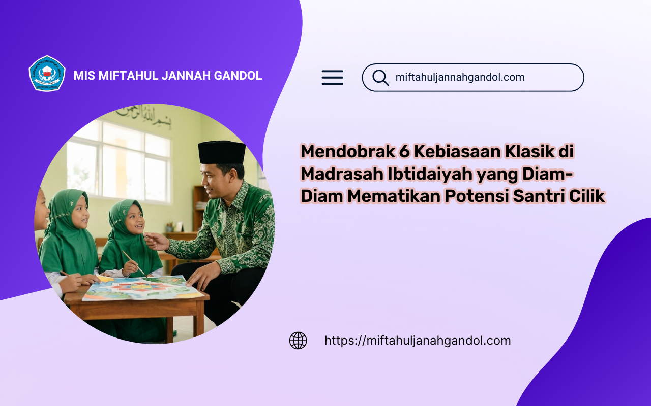 Ustaz Udin Solehudin dari MIS Miftahul Jannah Gandol sedang mengajar santri cilik Madrasah Ibtidaiyah dengan metode pembelajaran inovatif Kurikulum Merdeka.