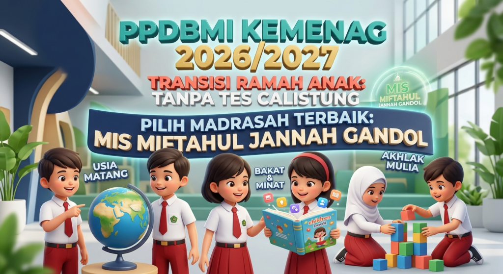 Ilustrasi 3D modern yang menunjukkan aktivitas belajar interaktif di Madrasah Ibtidaiyah, menekankan pada kesiapan psikis dan kematangan usia, bukan tes calistung. Siswa-siswi MIS Miftahul Jannah Gandol beraktivitas ceria dengan globe, buku, dan balok susun, menunjukkan kesiapan belajar tanpa tes calistung dalam rangka PPDB MI Kemenag 2026/2027.