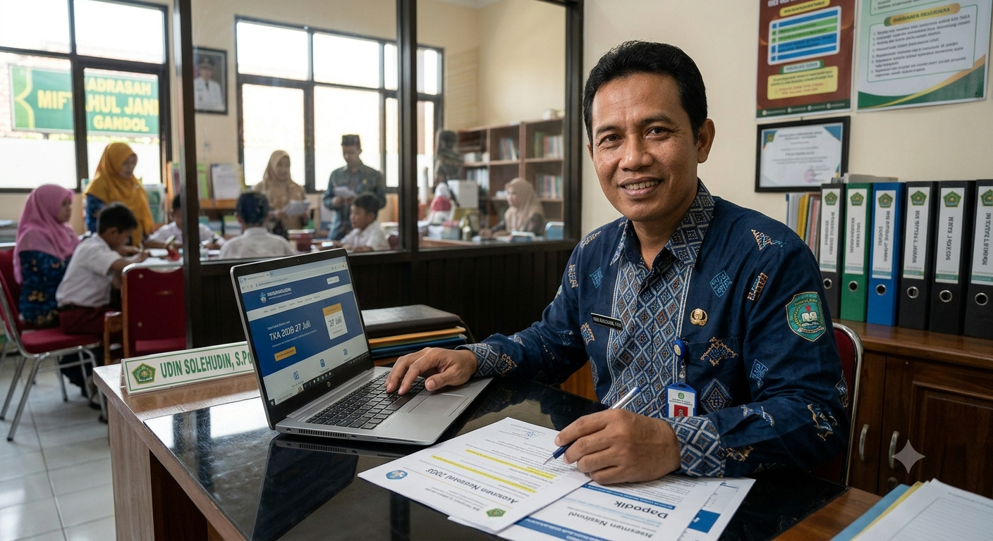 Pak Guru, duduk di meja madrasah, sedang mengerjakan data Asesmen Nasional 2026 di laptop dan dokumen Dapodik, dengan latar belakang siswa belajar di kelas MIS Miftahul Jannah Gandol.
