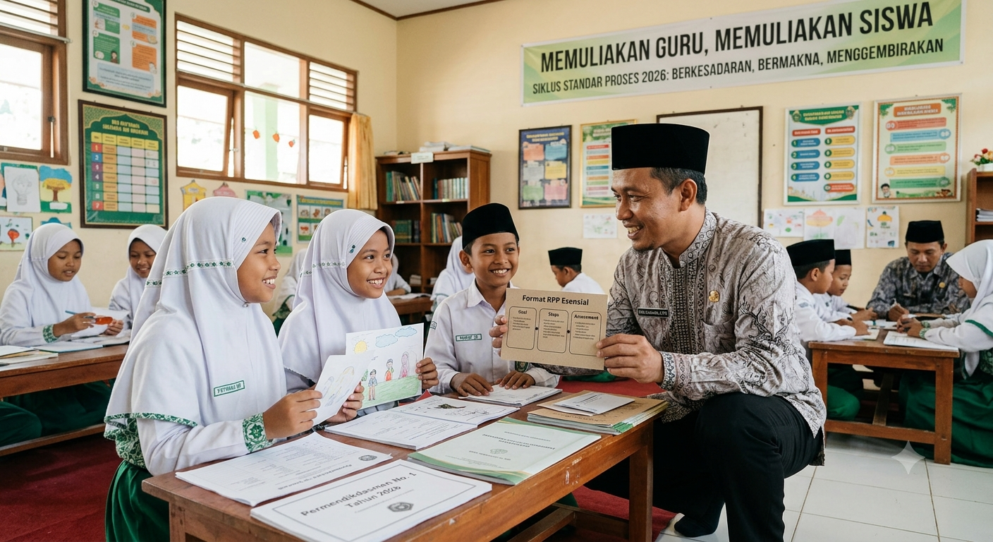 Analisis Permendikdasmen No 1 Tahun 2026 Guru Madrasah Guru Madrasah mengajar siswa menggunakan format RPP esensial 3 komponen sesuai regulasi Permendikdasmen Nomor 1 Tahun 2026 tentang Standar Proses Kurikulum Merdeka.