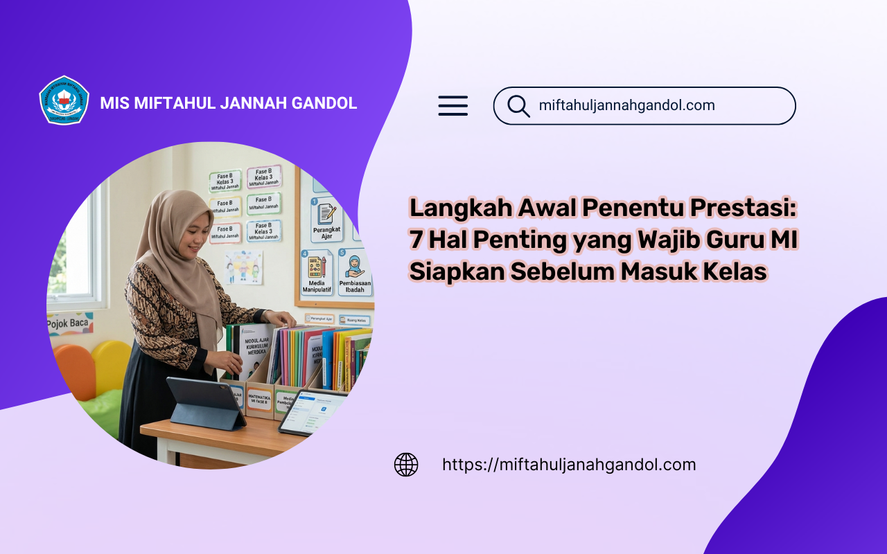 Ilustrasi realistis seorang guru Madrasah Ibtidaiyah (MI) berhijab sedang menyiapkan perangkat ajar Kurikulum Merdeka di kelas yang rapi, lengkap dengan papan checklist 7 hal penting persiapan semester baru.