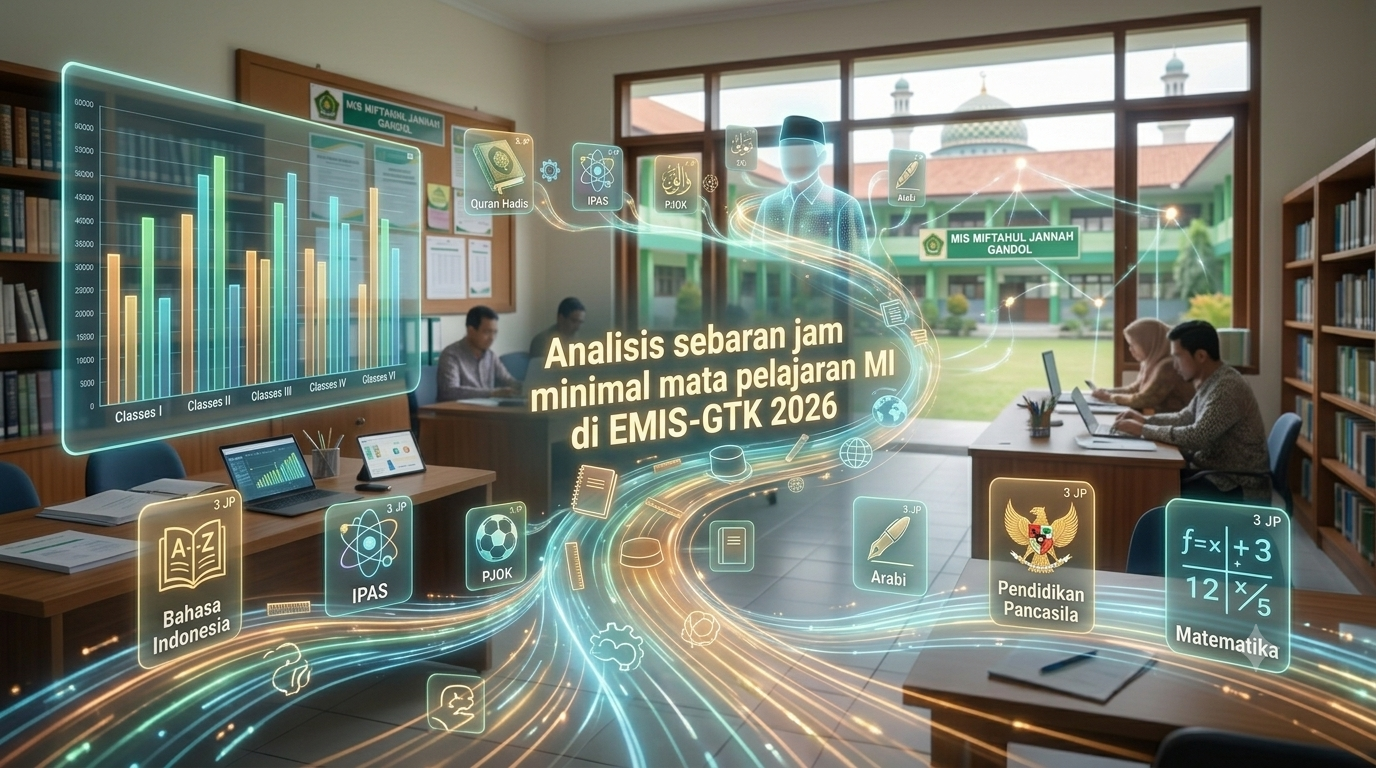 Infografis sebaran jam minimal mata pelajaran MI di EMIS-GTK 2026 untuk validasi TPG guru madrasah