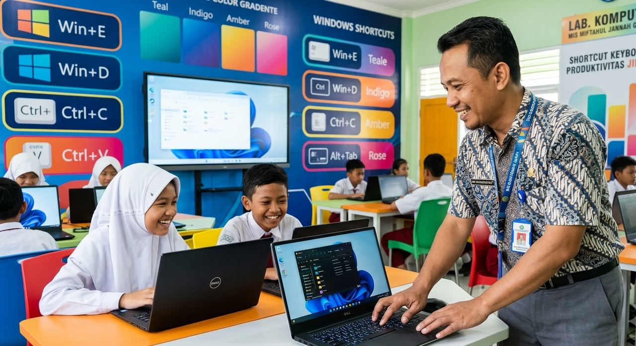 Ilustrasi: Guru menerangkan cara cepat menguasai shortcut keyboard Windows untuk produktivitas kerja siswa madrasah menggunakan laptop modern di kelas IT.