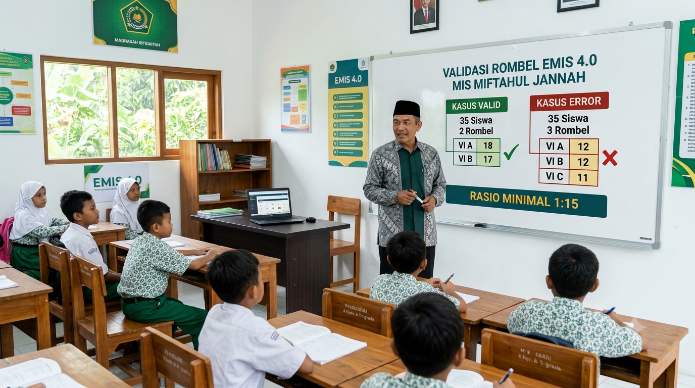 Udin Solehudin, S.Pd. saat menjelaskan perbandingan validasi rombongan belajar (rombel) EMIS 4.0 MIS Miftahul Jannah Gandol dengan aturan rasio minimal 1 banding 15 siswa untuk menghindari gagal tarik data Madrasah.