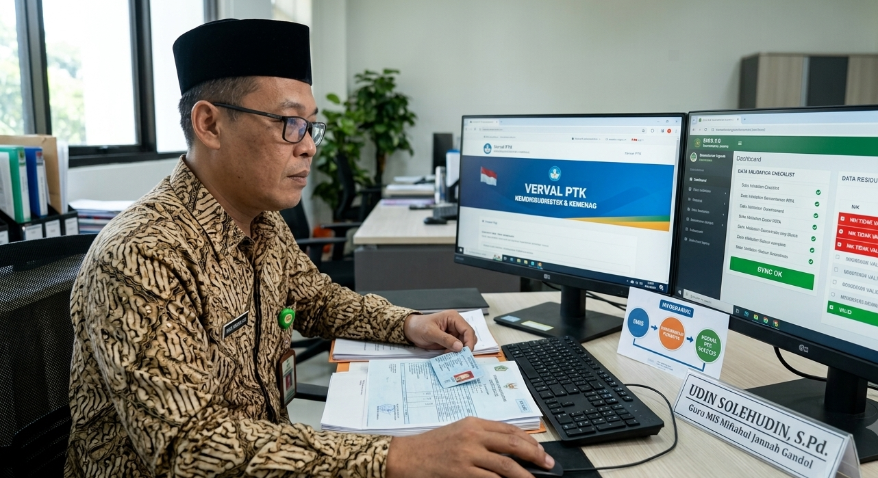 Udin Solehudin, S.Pd., Guru MIS Miftahul Jannah Gandol sedang menyelesaikan kendala data residu dan solusi NIK tidak valid pada sistem Verval PTK dan EMIS Kemenag.