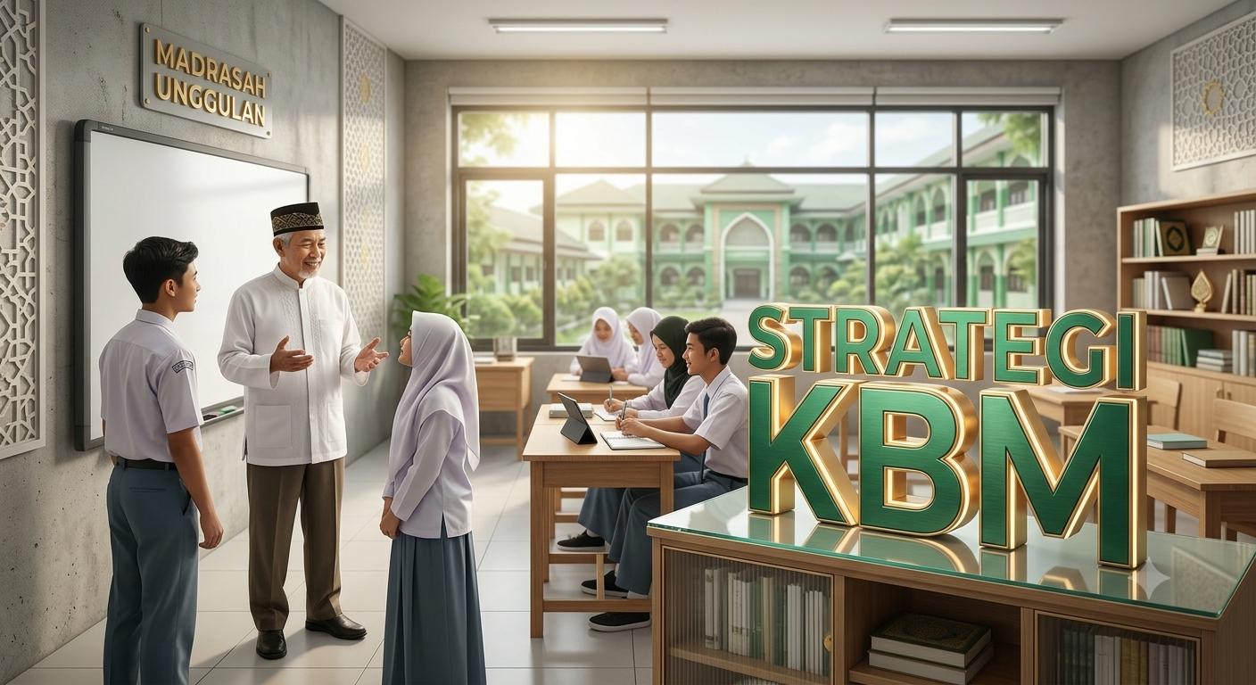 Panduan strategi KBM di Madrasah Unggulan sesuai KMA 1503 Tahun 2025, menampilkan guru dan siswa di ruang kelas modern.