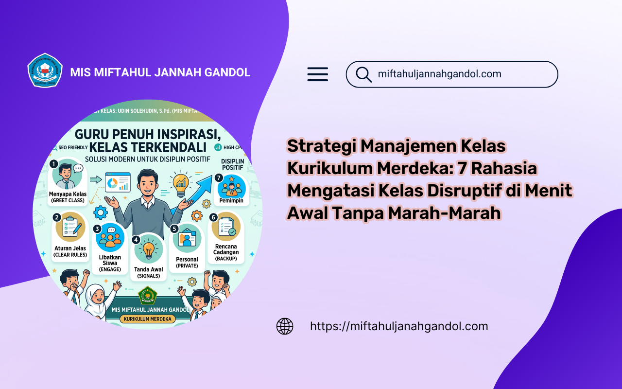 Infografis strategi manajemen kelas modern MIS Miftahul Jannah Gandol, menuntun guru menjadi penuh inspirasi, kelas terkendali, dan menerapkan disiplin positif di era Kurikulum Merdeka.