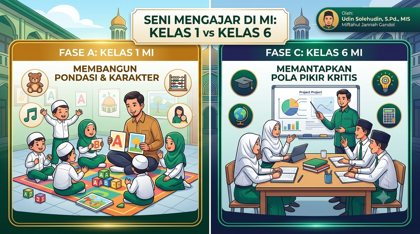 Infografis perbandingan strategi mengajar Kelas 1 dan Kelas 6 Madrasah Ibtidaiyah karya Udin Solehudin S.Pd. dari MIS Miftahul Jannah Gandol.