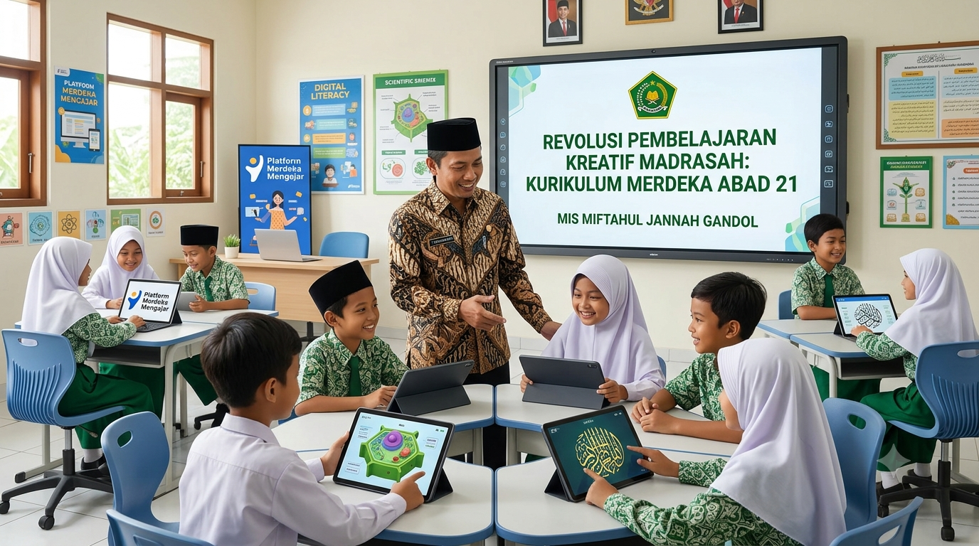 Foto seorang guru MIS Miftahul Jannah Gandol, mengajar menggunakan tablet interaktif dan papan tulis pintar, menampilkan judul 'REVOLUSI PEMBELAJARAN KREATIF MADRASAH: KURIKULUM MERDEKA ABAD 21'. Siswa Madrasah terlihat antusias menggunakan teknologi digital untuk belajar sains dan nilai Islam.