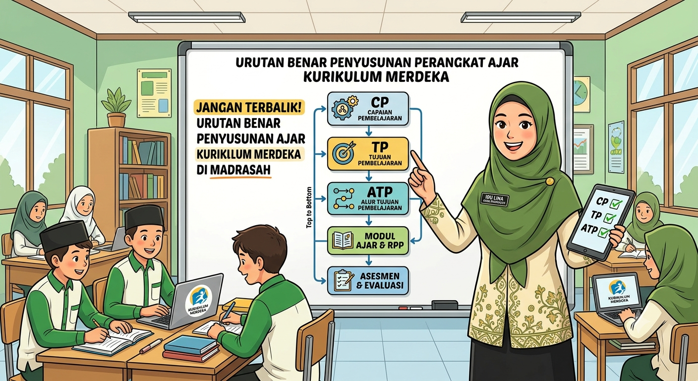 Urutan Perangkat Ajar Kurikulum Merdeka Madrasah Ilustrasi urutan benar penyusunan perangkat ajar Kurikulum Merdeka di Madrasah mulai dari CP, TP, ATP, hingga Modul Ajar oleh guru.